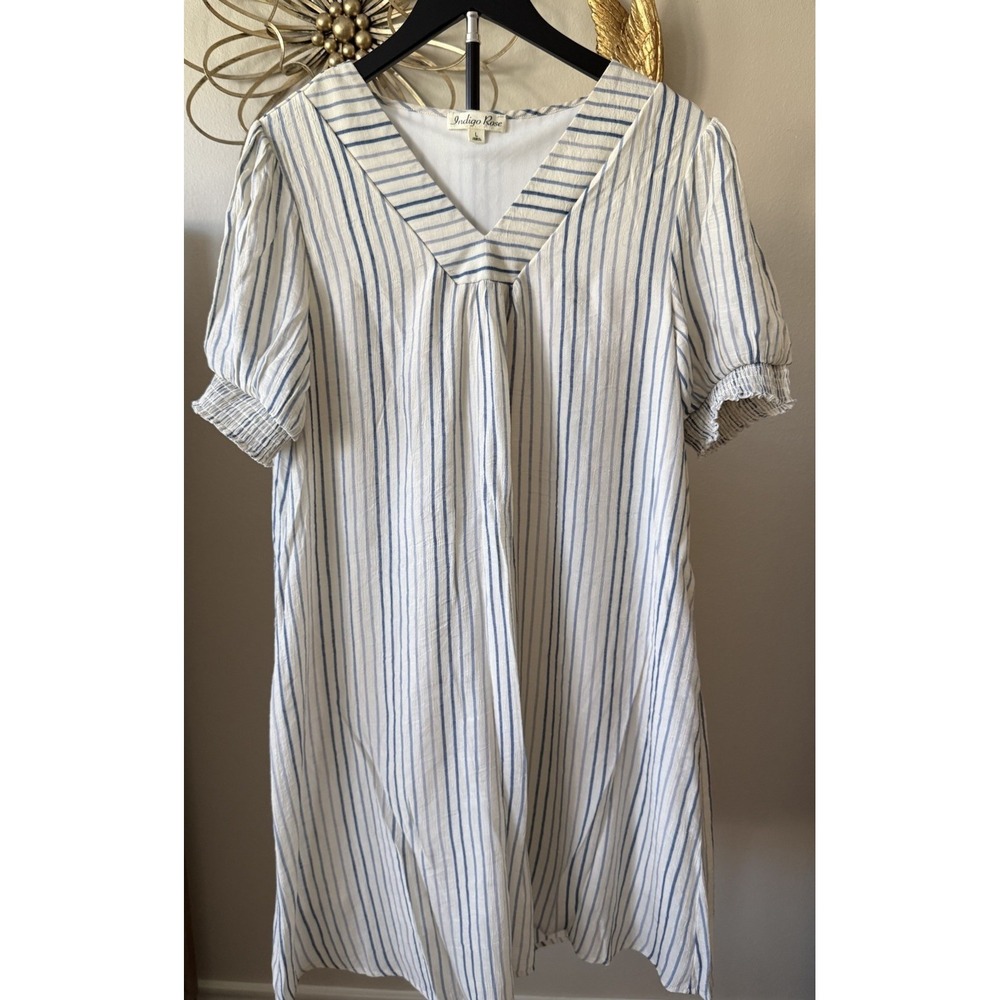 Indigo Rose Blue White Stripe Dress Womens L Puff Sleeve Cottagecore Prairie